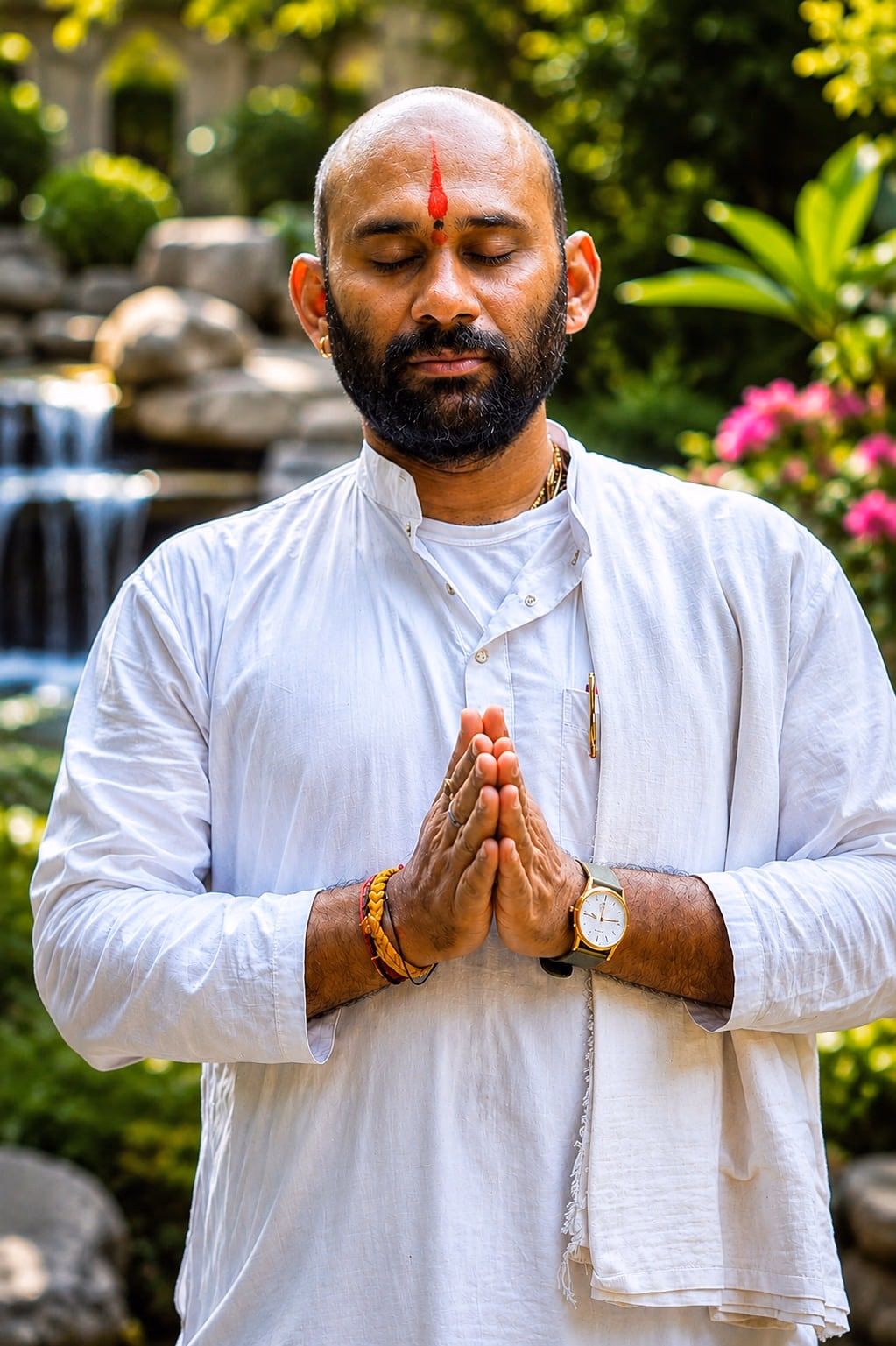 Shree Acharya Eknathji, yoga and Vedanta teacher at School Lama, standing in prayer beside a garden waterfall