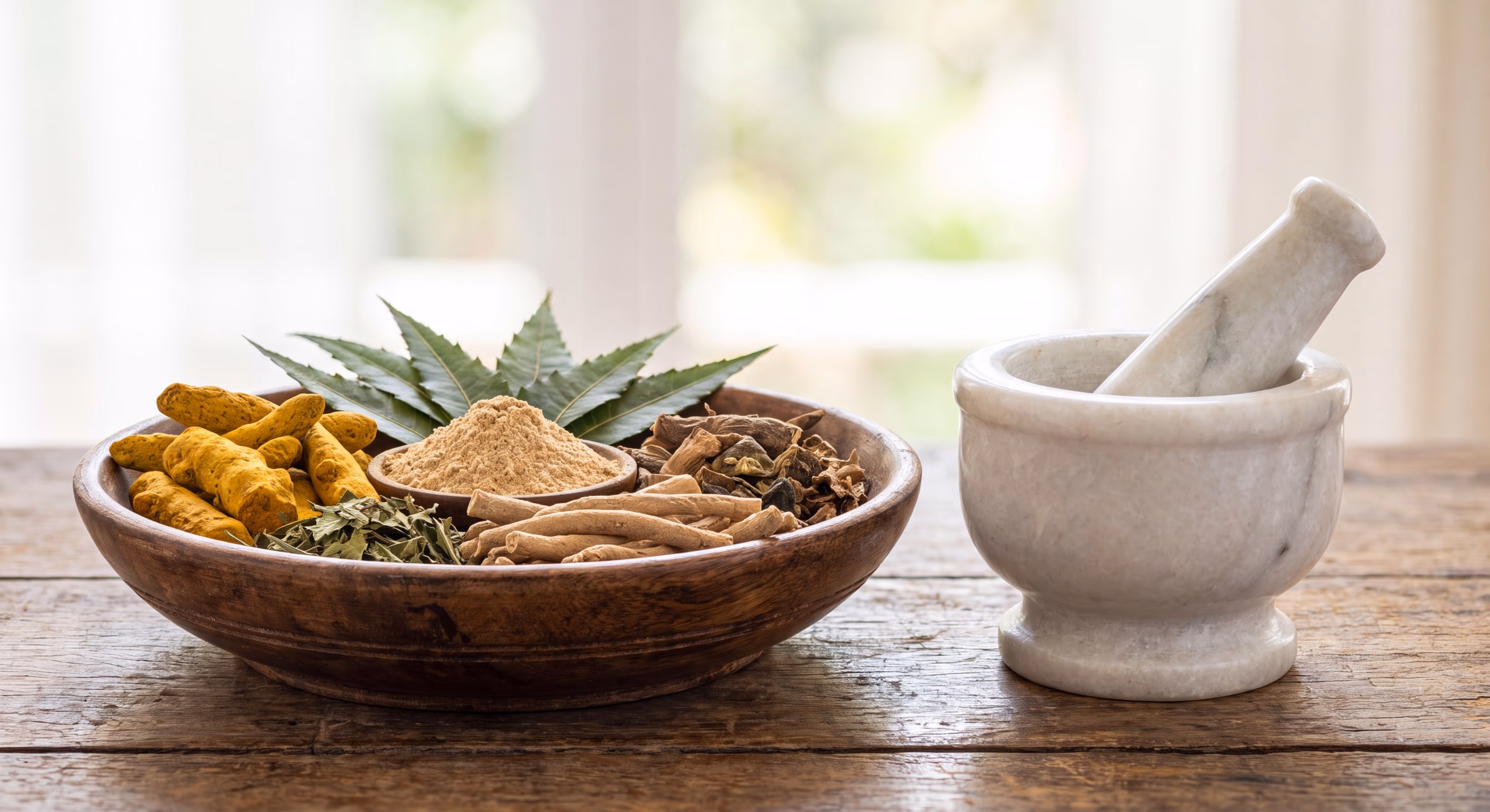A wooden bowl of Ayurvedic herbs including turmeric root, neem leaves and ground powder, beside a stone mortar and pestle